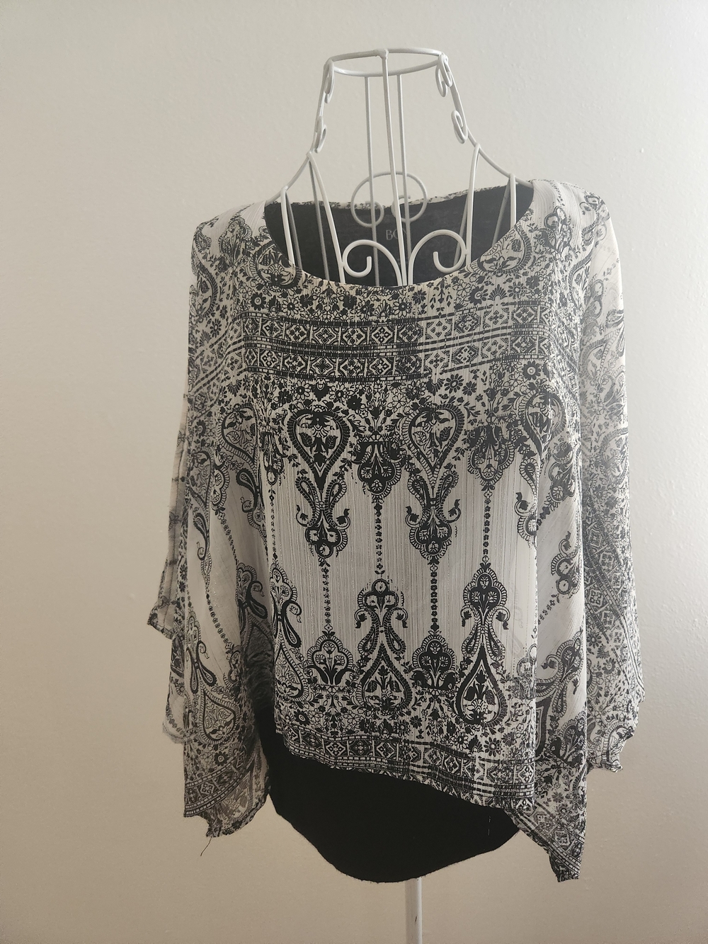BCX Boho Paisley Print Layered Poncho Blouse Tank Set L